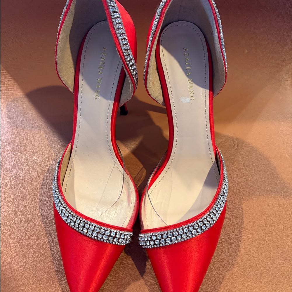 Elegant Red Satin Heels with Rhinestone Accents